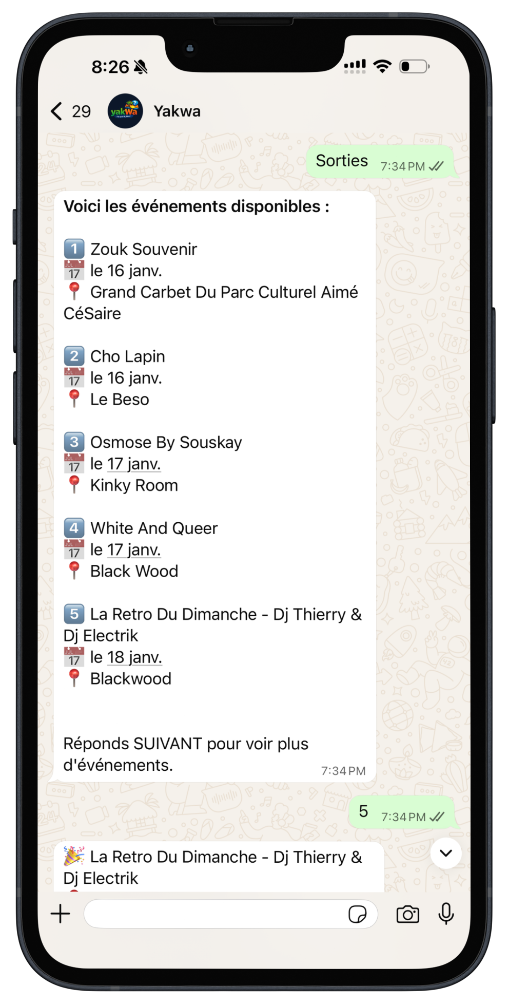 Conversation WhatsApp avec YakWa montrant une liste d'événements en Martinique